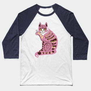 Cute Pink Folk Cat Baseball T-Shirt